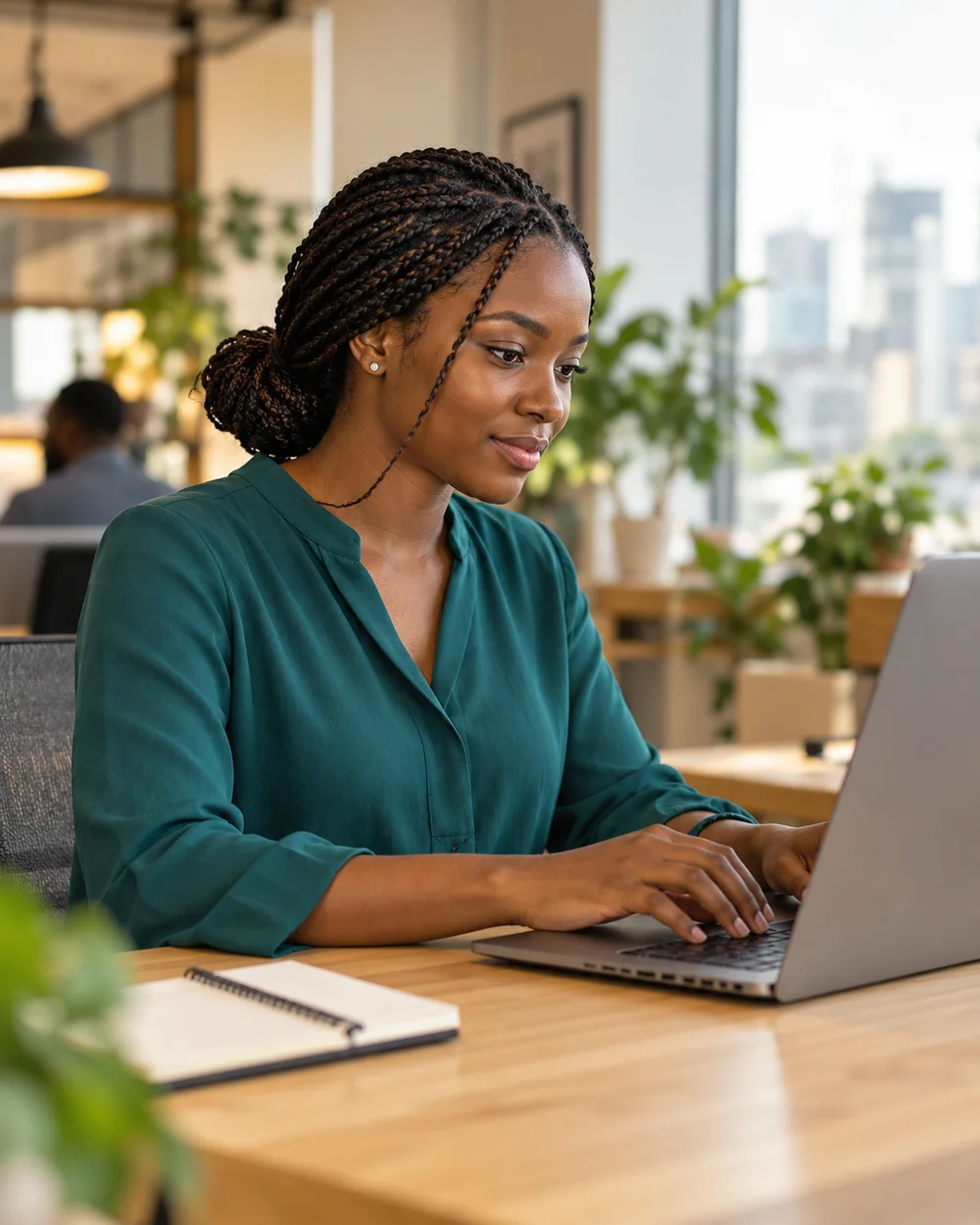Generated image of a Nigerian software professional working on a laptop in a Lagos workspace
